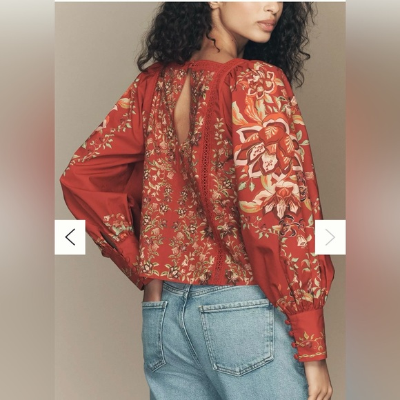 Z13. Farm Rio x Anthropologie Square-Neck Blouse Floral Red Women - Picture 2 of 3